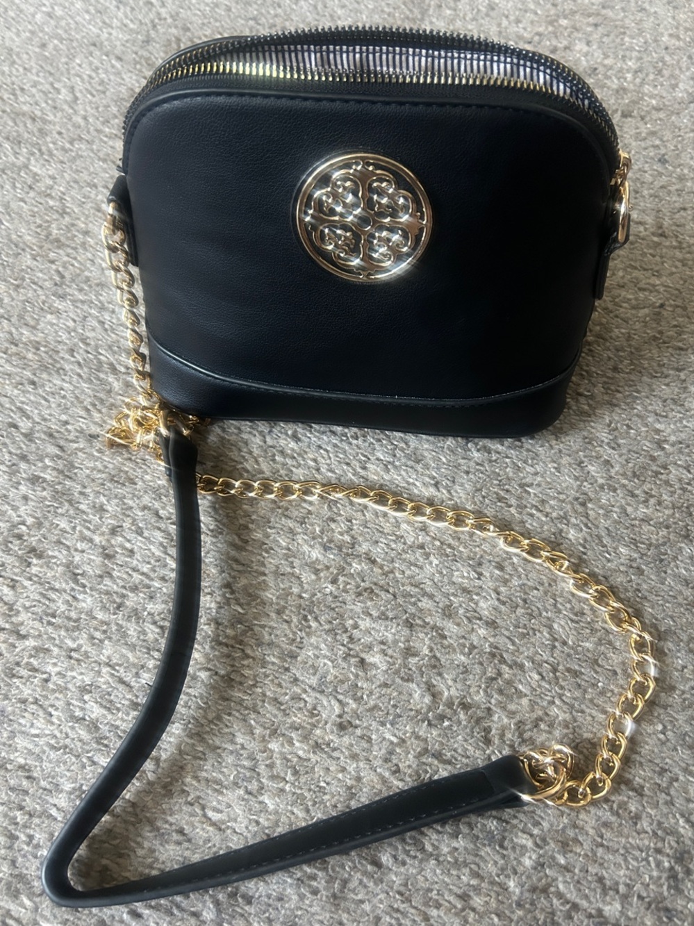 Black Leather Crossbody Bag with Gold Chain Accent